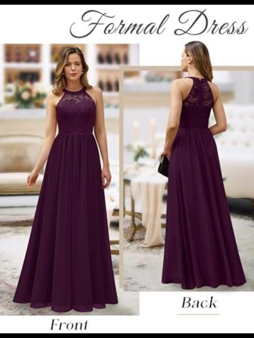 Wedtrend NWT Plum Lace Halter Bridesmaid Formal Gown Maxi Dress Medium